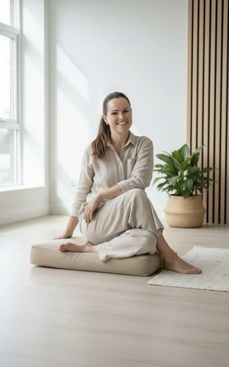 Mujer sonriendo sentada en un cojín de yoga en una habitación luminosa con plantas.