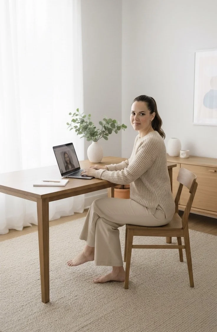 Mujer sentada viendo una videollamada en su laptop en una habitación bien iluminada con plantas decorativas y arte en la pared.