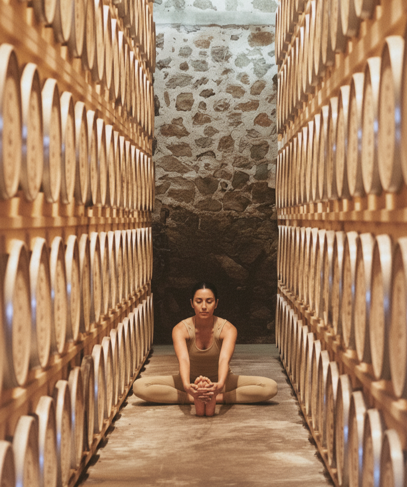 Una mujer haciendo yoga en un pasillo entre barriles de vino de madera en un ambiente rústico.