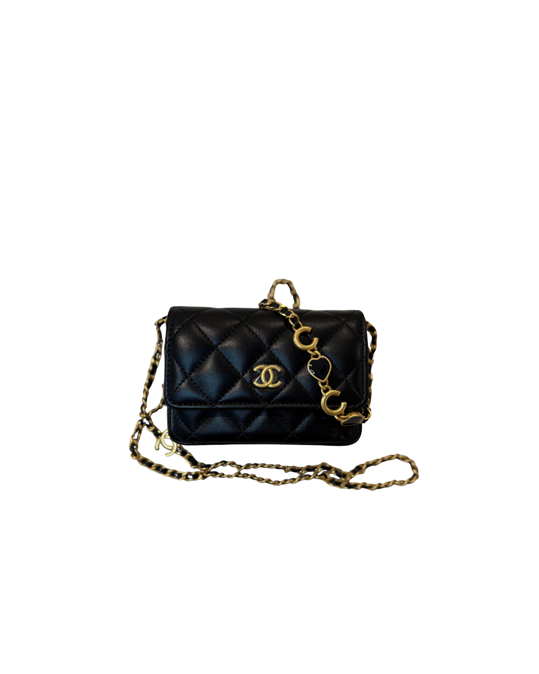 chanel black micro wallet with gold chain at indulge bag hire