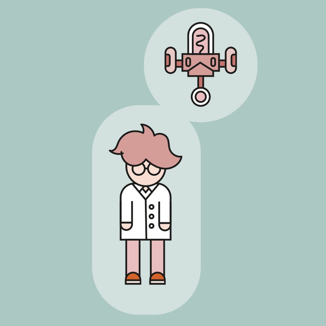 Illustration eines Wissenschaftlers mit Brille, darüber ein Gedankenblasen mit einem RTG-Gerät.