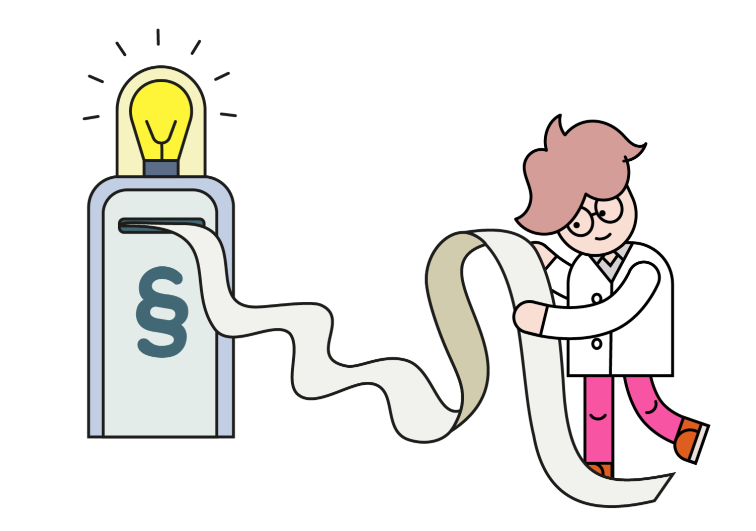 Illustration eines Wissenschaftlers, der ein langes Papier von einer Maschine zieht, die mit einem Paragraphen-Symbol gekennzeichnet ist.