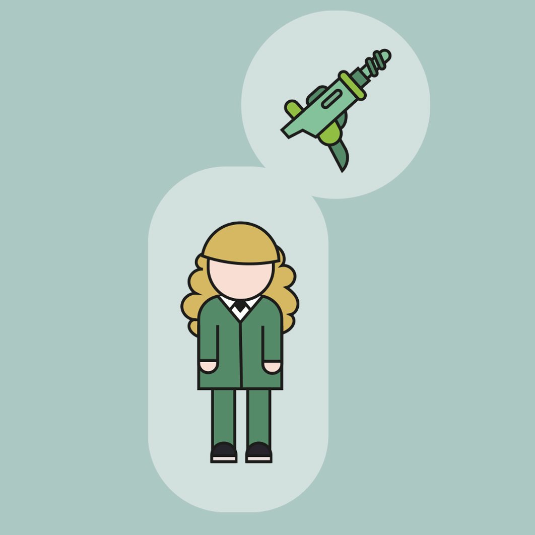 Eine Illustration einer weiblichen Person in einem grünen Anzug mit einem Gedankenblasen, die eine Spritze zeigt.