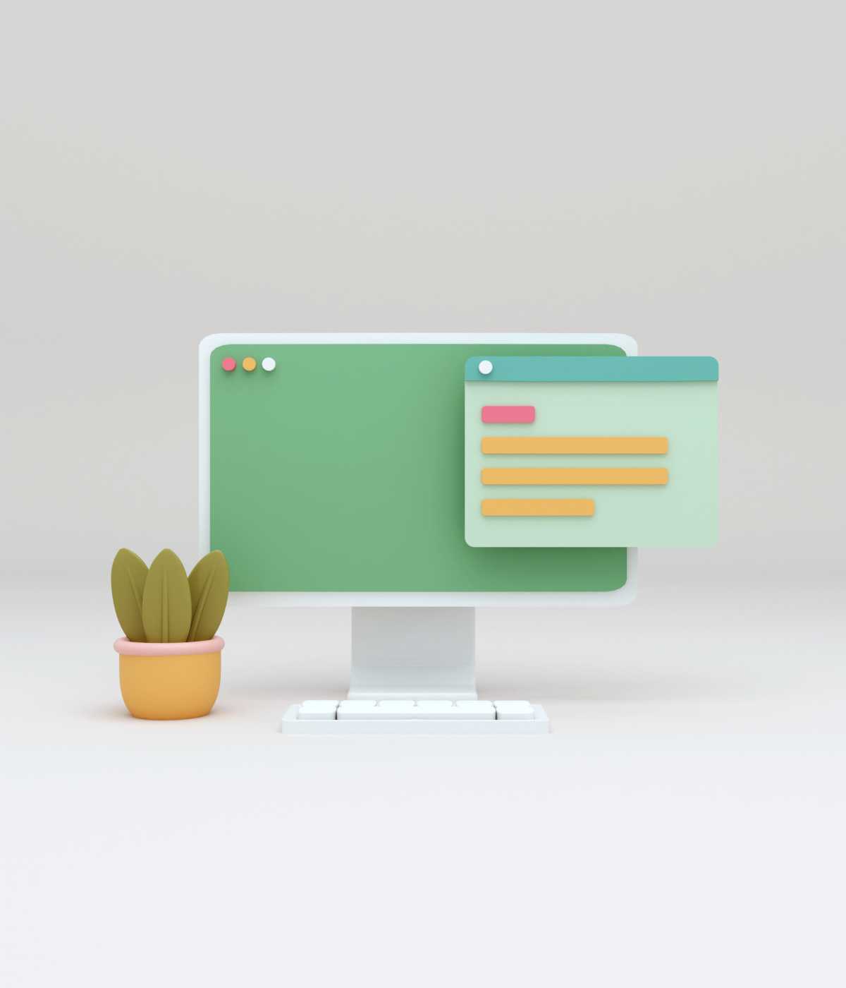 Ein Bildschirm mit einer Topfpflanze auf einem weißen Tisch.