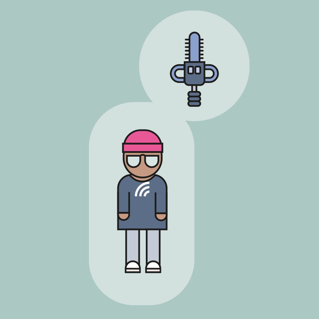 Ein stilisiertes, cartoonartiges Bild eines Jungen mit Sonnenbrille, pinkem Hut und einem schwarzen Pullover mit Wi-Fi-Symbol, der an einen Schwimm- oder Taucheranzug erinnert. Über seinem Kopf schwebt ein Roboter- oder Maschinen-Icon.