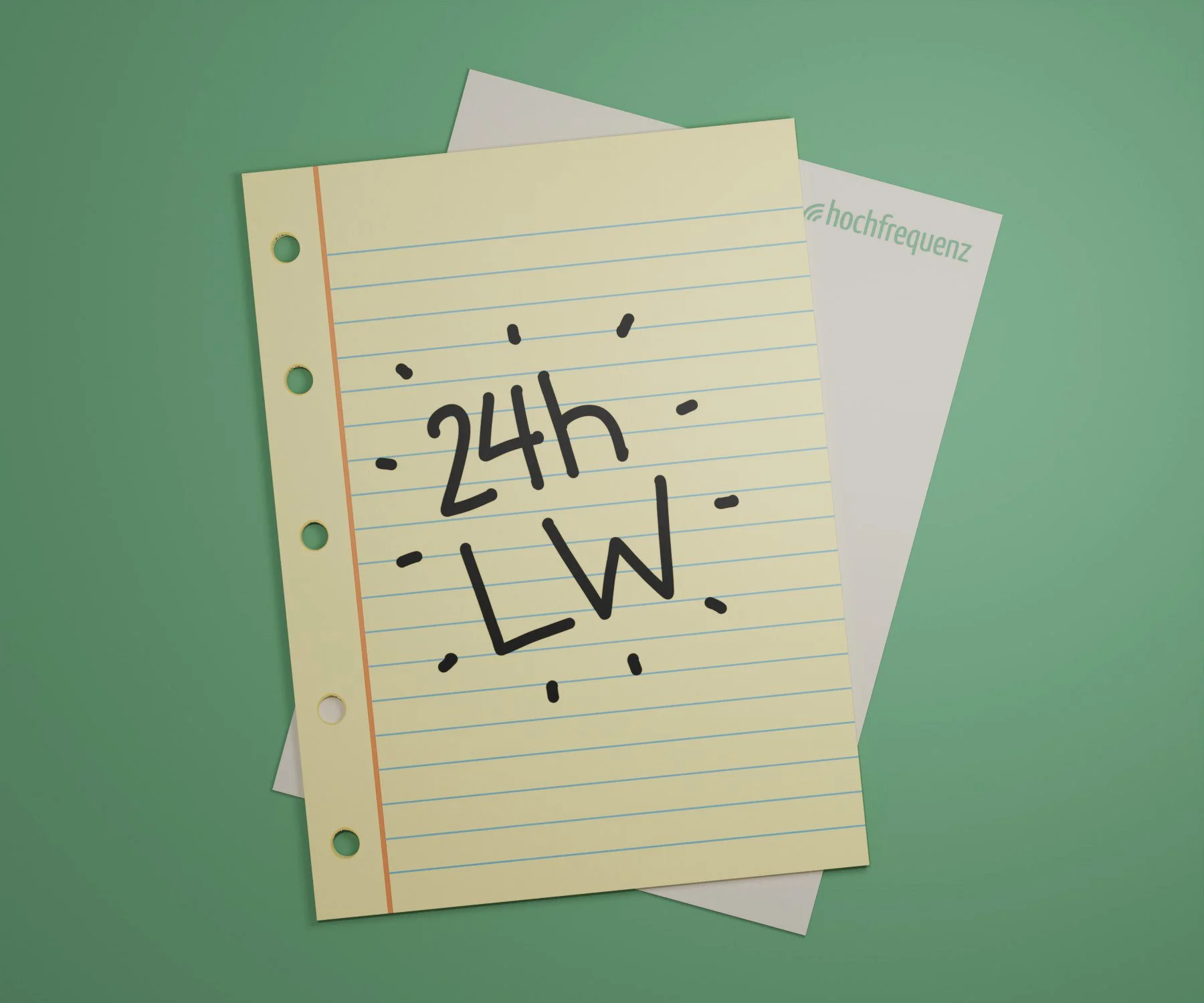 Notizzettel mit dem handgeschriebenen Text '24h. LW.' auf grünem Hintergrund.