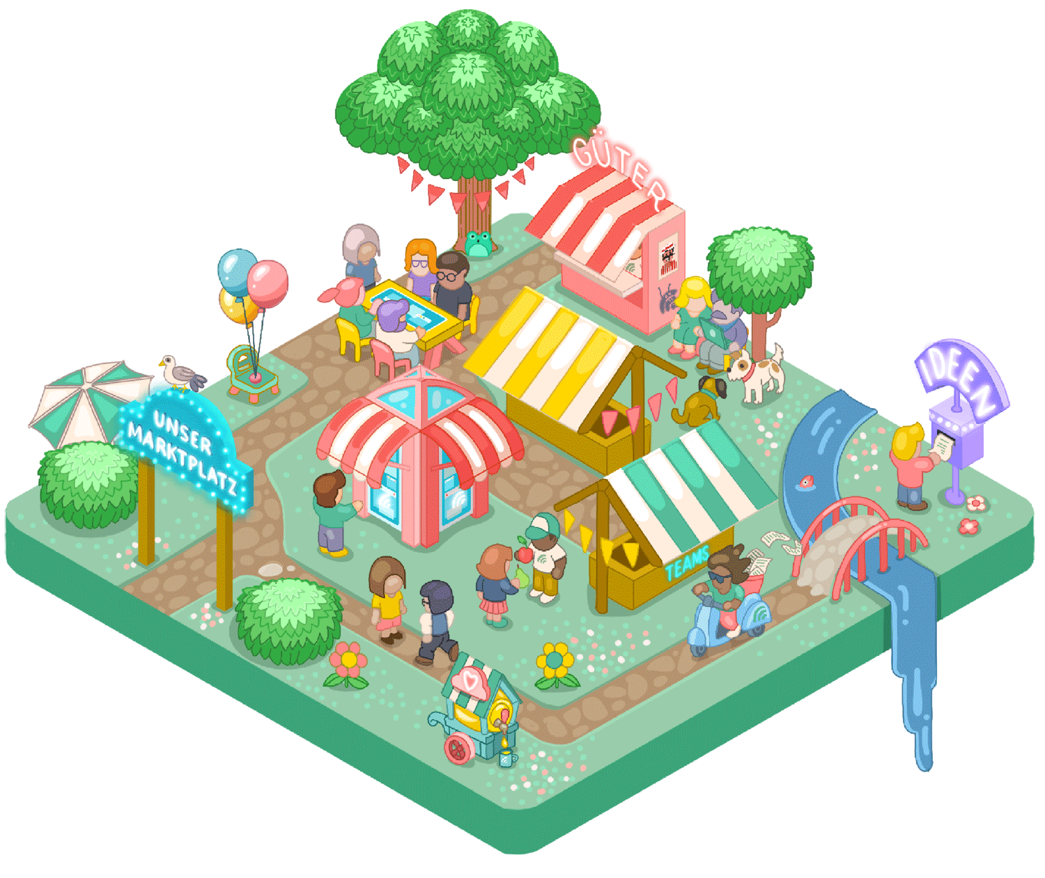 Eine bunte Illustration eines Marktplatzes mit Ständen, Gästen, Wasserfällen, Bäumen, und Dekorationen.