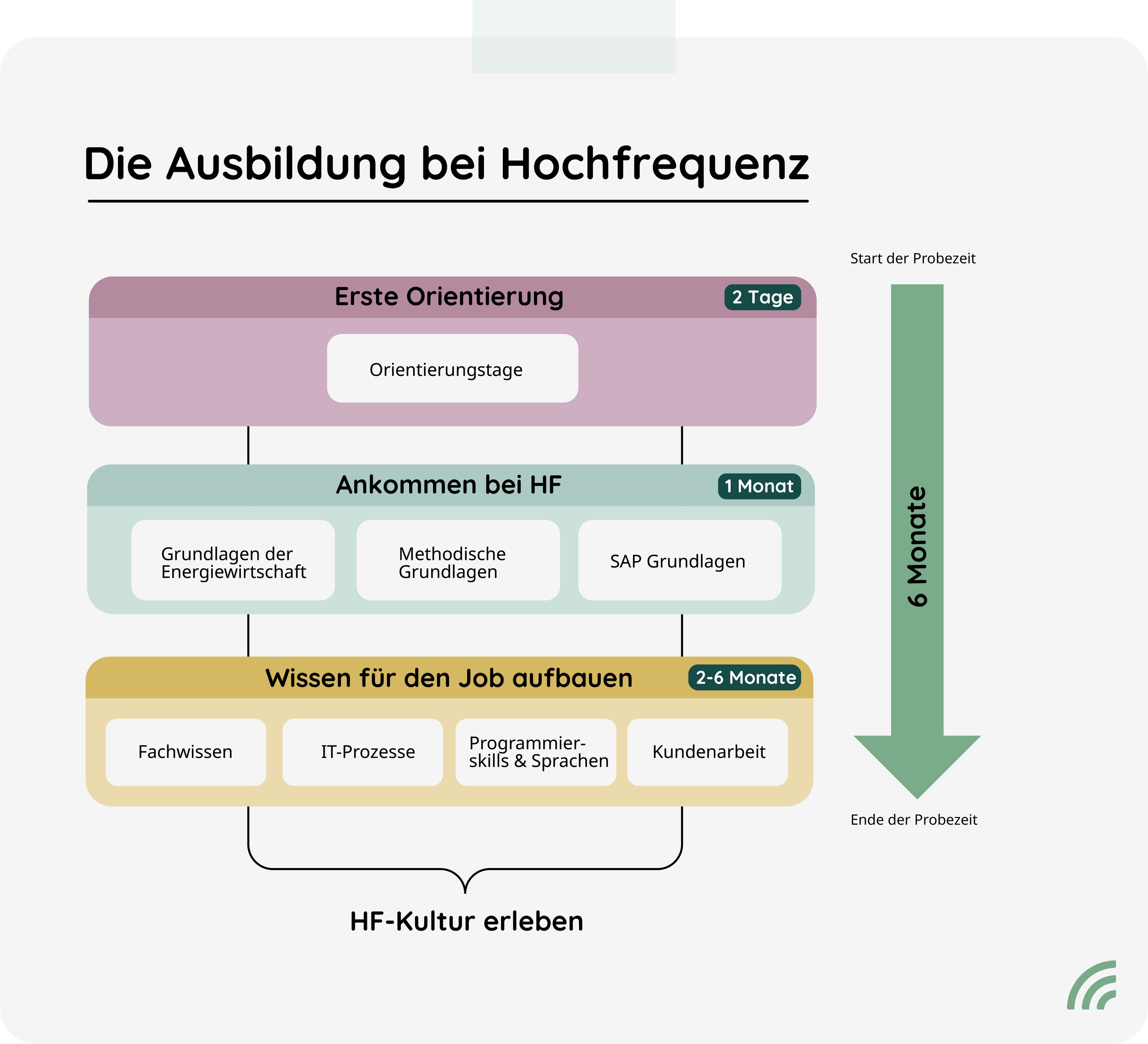 Die Infografik zeigt den Ablauf der Ausbildung bei Hochfrequenz. Nach einer ersten Orientierung und einem Ankommen bei HF wird gemeinsam das Wissen für den Job ausgebaut. Die Ausbildung dauert 6 Monate. Die Grafik ist modern und klar.