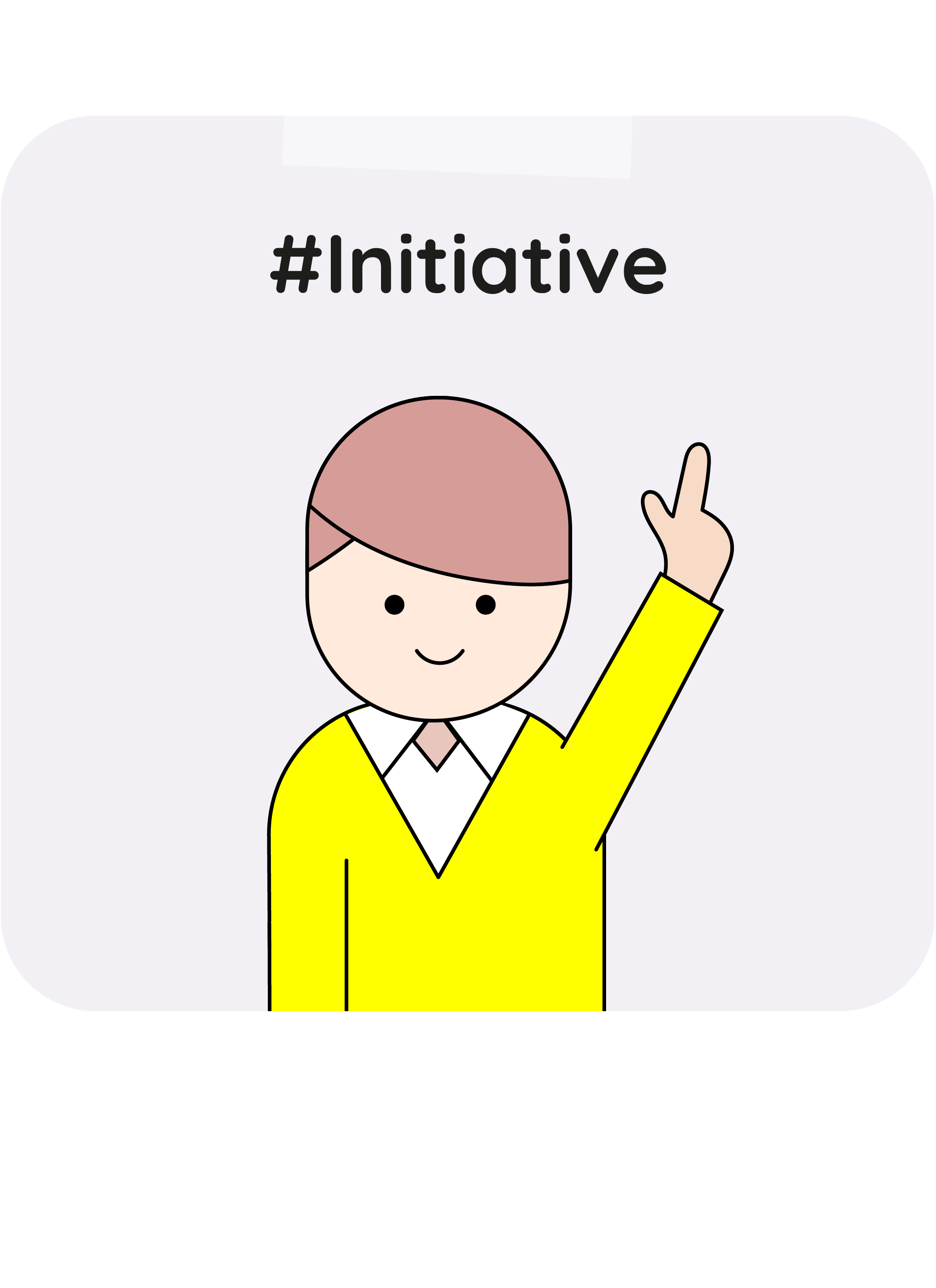Illustration einer Person mit gelbem Pullover, die eine Hand hebt und auf das Wort '#Initiative' über ihrem Kopf zeigt.