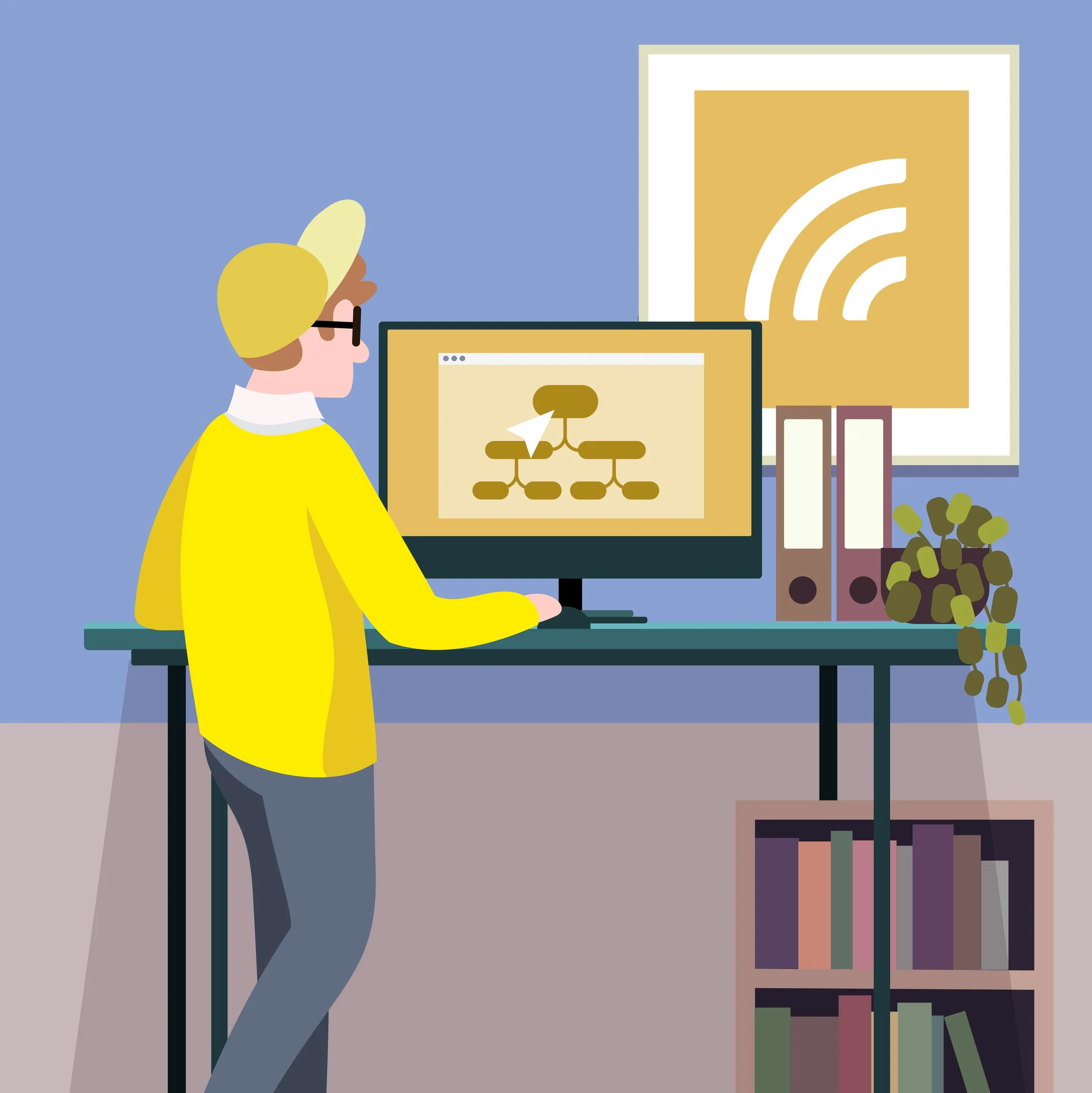 Illustration eines Mannes, der an einem Schreibtisch mit einem Computermonitor arbeitet, auf dem ein Organisationsdiagramm sichtbar ist. Im Hintergrund hängen Poster an der Wand und auf einem Regal stehen Aktenordner und eine Pflanze.