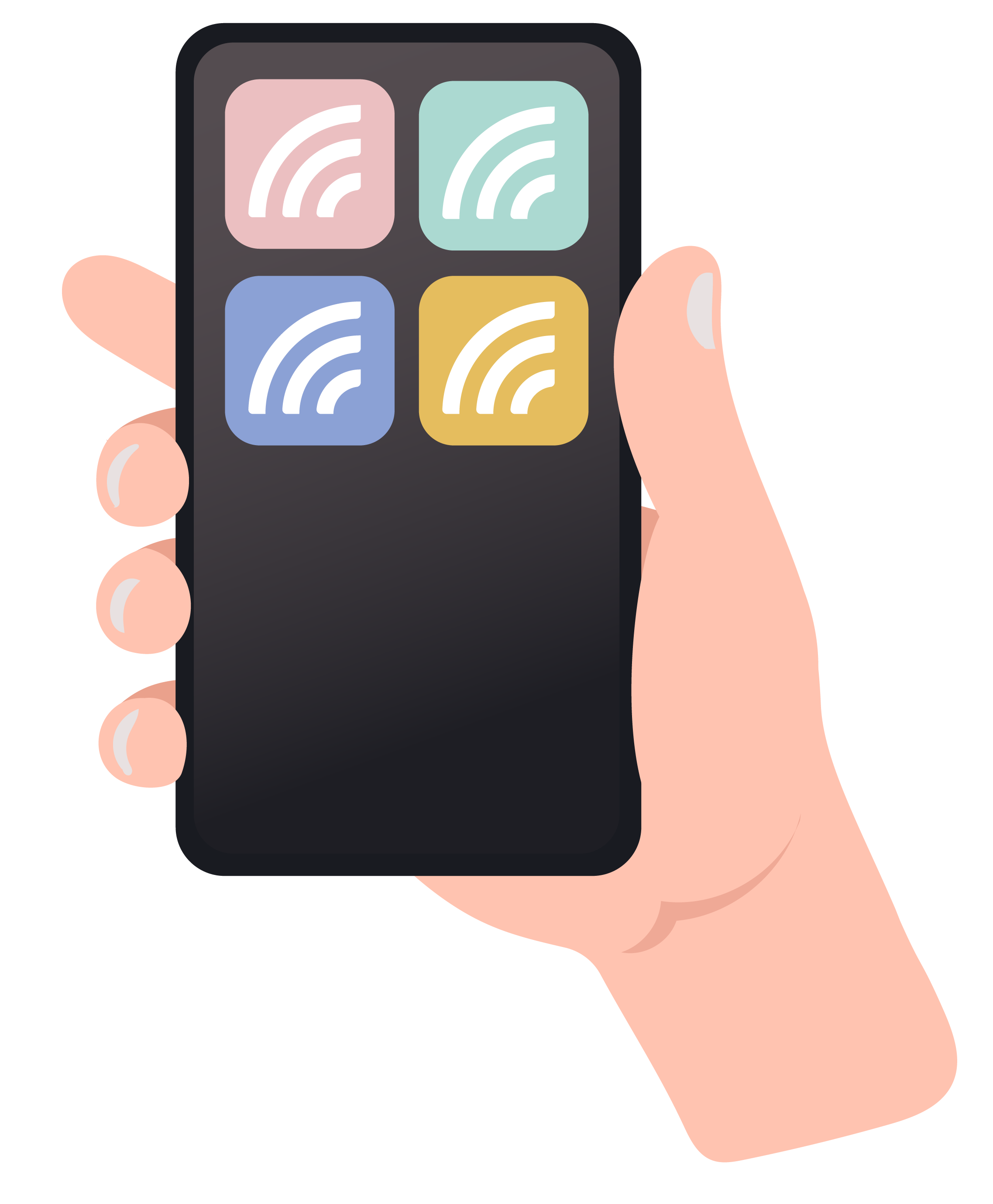 Digitale Illustration eines menschlichen Hand hält ein Smartphone mit vier App-Symbolen, die Wi-Fi-Signale zeigen.