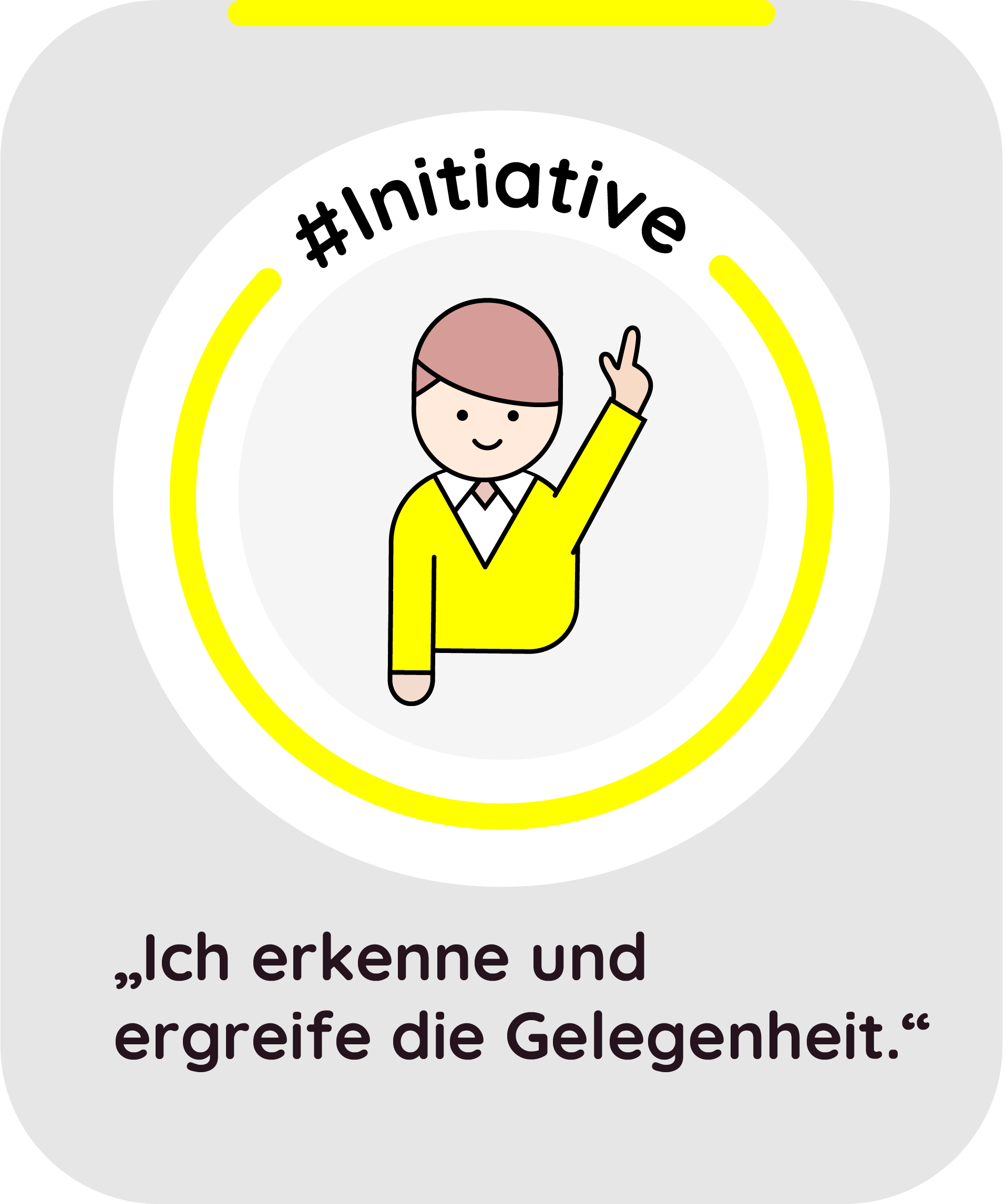 Illustration einer Person mit gelbem Pullover, die eine Hand hebt und auf das Wort '#Initiative' über ihrem Kopf zeigt.