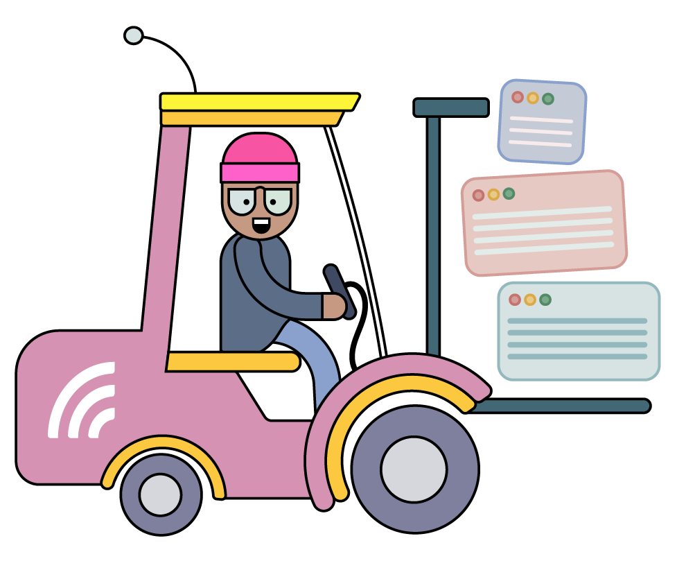 Eine IT-Fachkraft fährt auf einem pinken Gabelstapler auf dem digitale Prozesse transportiert werden