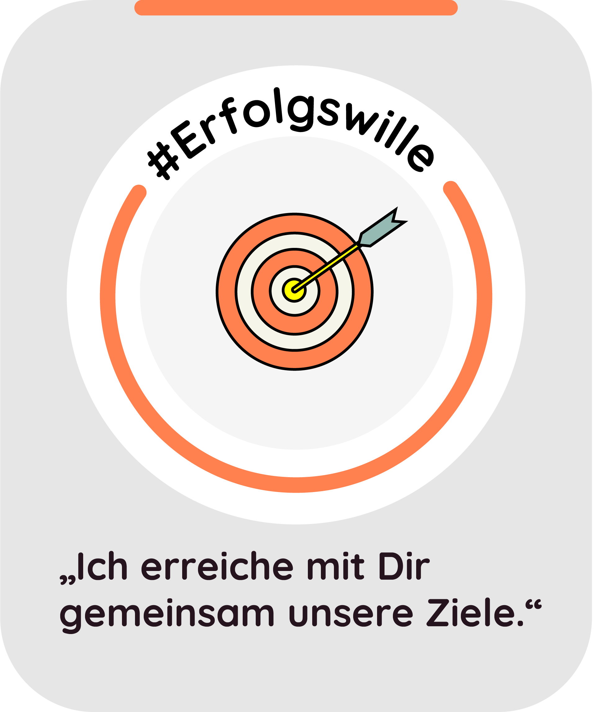 Zielscheibe mit einem Pfeil, der das Zentrum trifft, und der Text '#Erfolgswille' über der Zielscheibe.