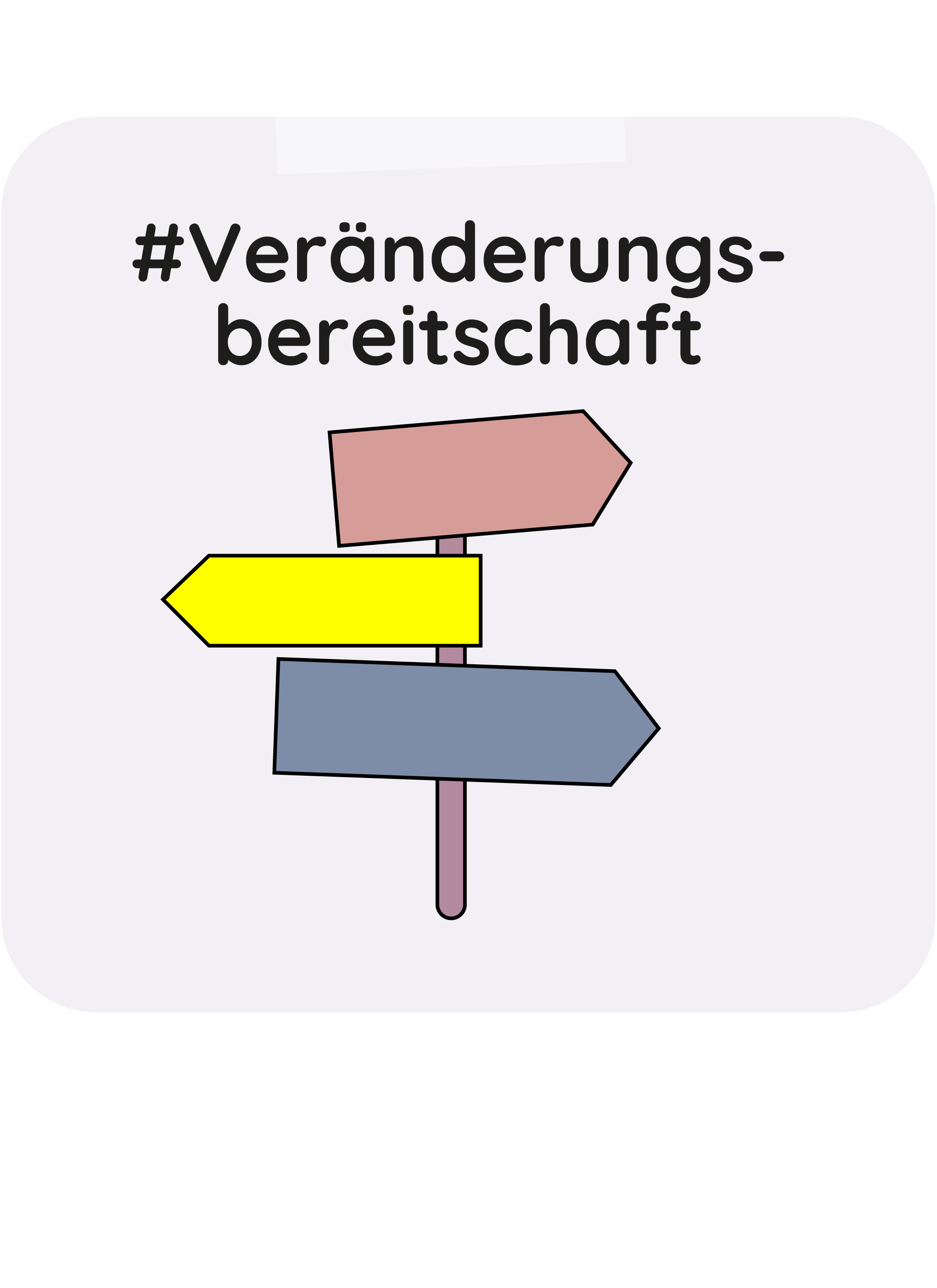 Ein Schild mit mehreren Richtungszeigen in verschiedenen Farben und der deutschen Aufschrift '#Veränderungsbereitshaft'.