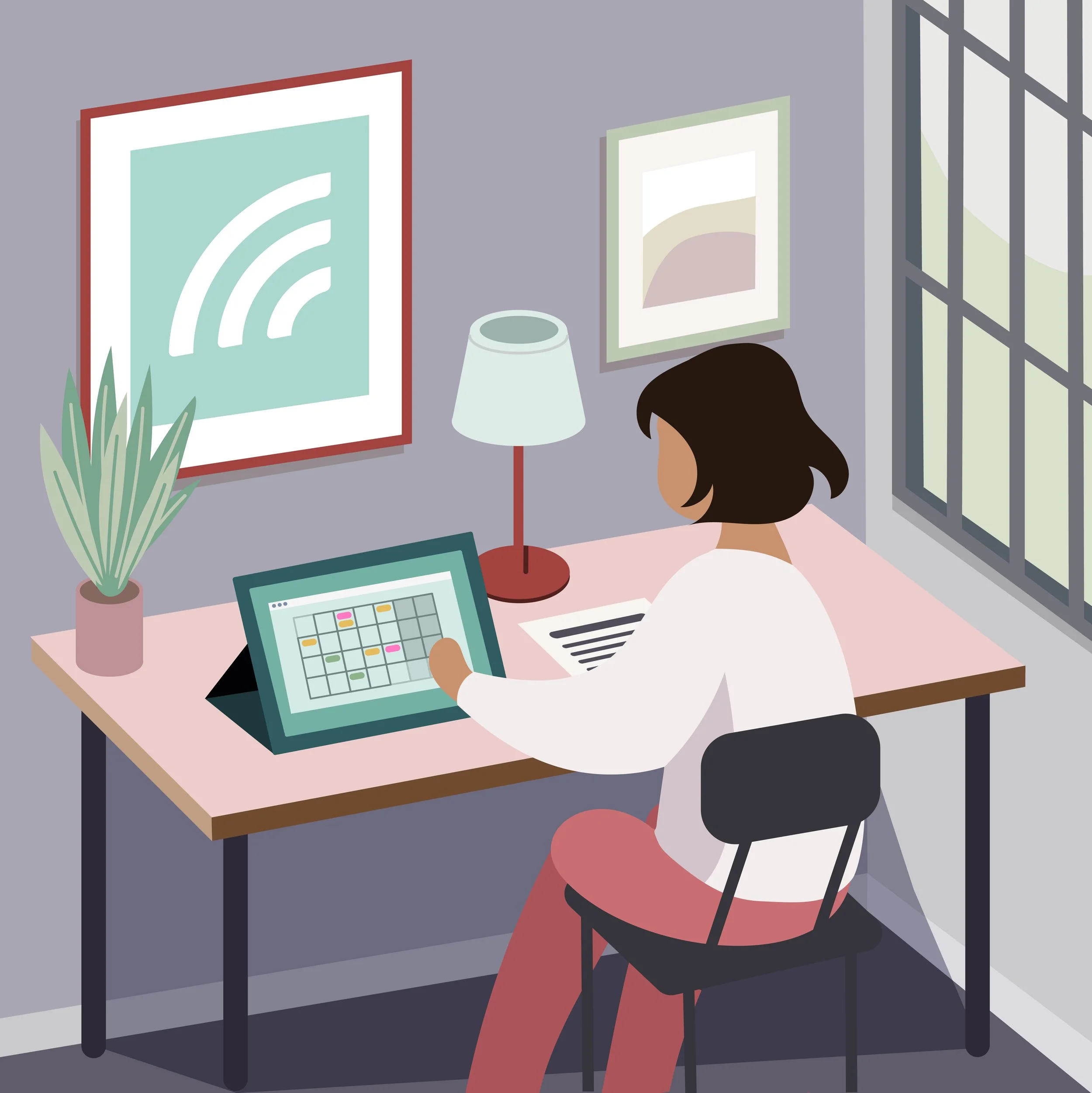 Frau arbeitet an einem Computer in einem modernen Büro mit Pflanzen und Bildern an der Wand.