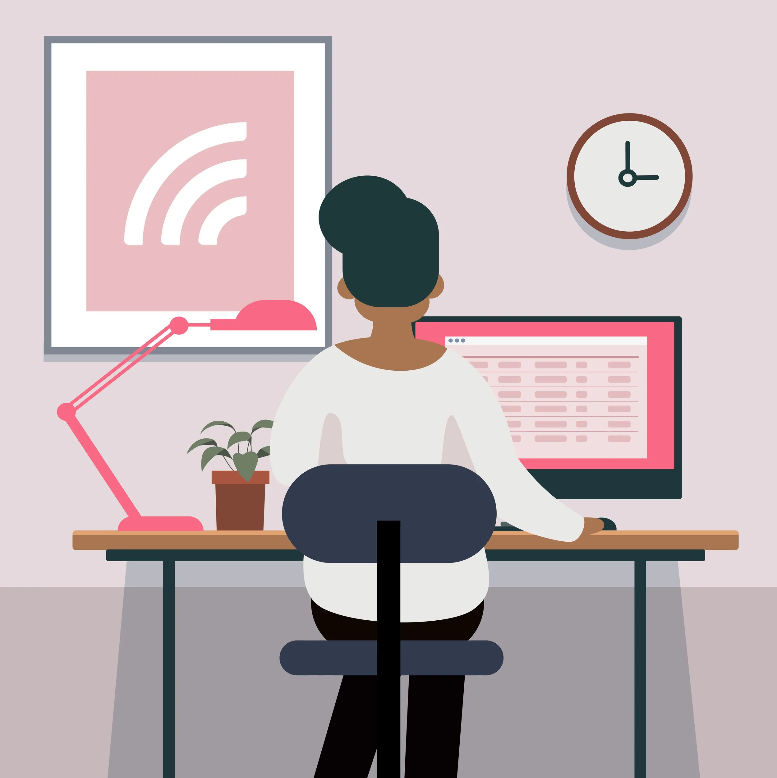 Illustration einer Person am Schreibtisch mit einem Computer, einer pinken Schreibtischlampe, einer Pflanze, einem Wandbild und einer Uhr an der Wand.