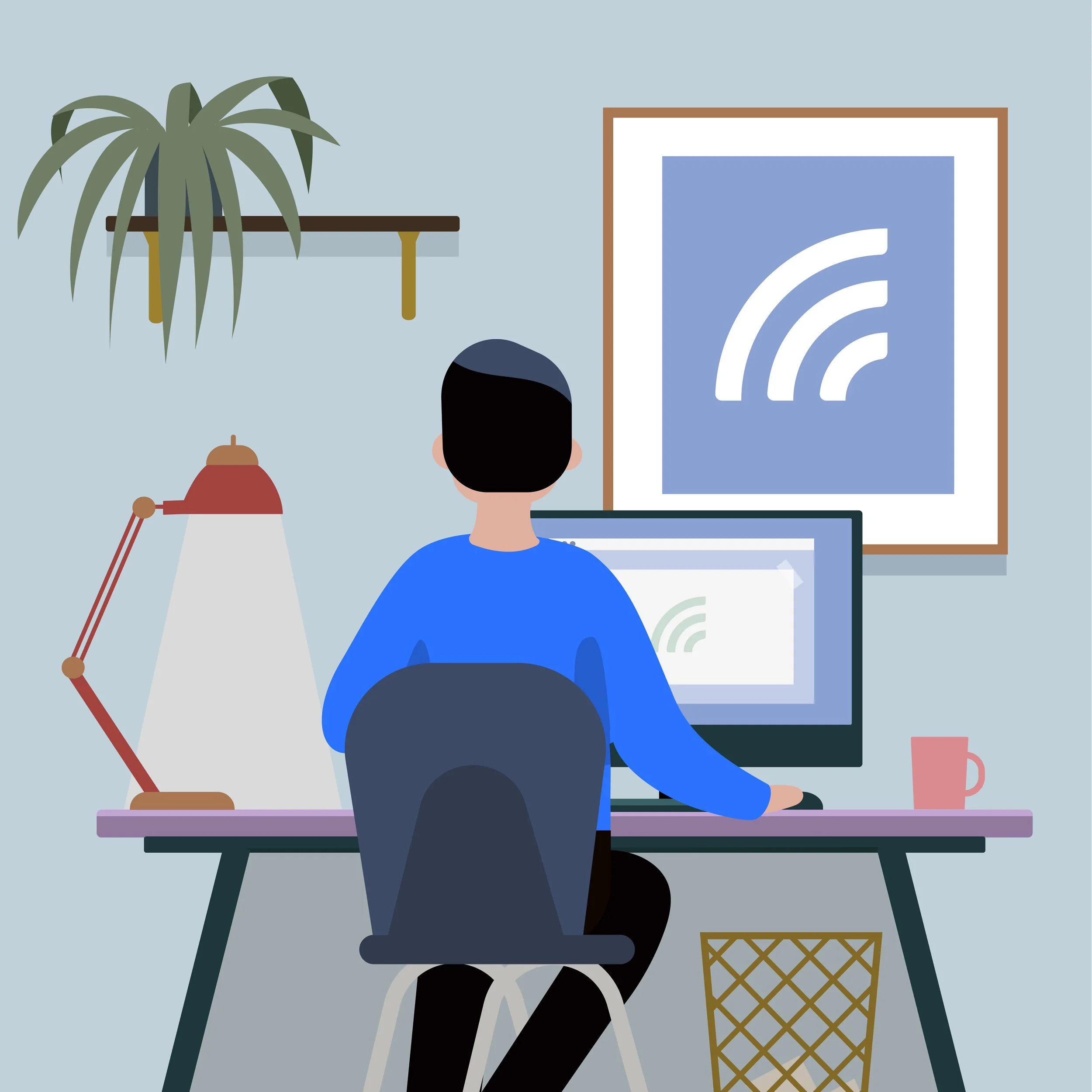 Illustration eines Mannes, der an einem Schreibtisch arbeitet, mit einem Computer, einem Kaffee und einer Lampe, im Hintergrund ein Wandbild mit einem RSS-Feed-Symbol.