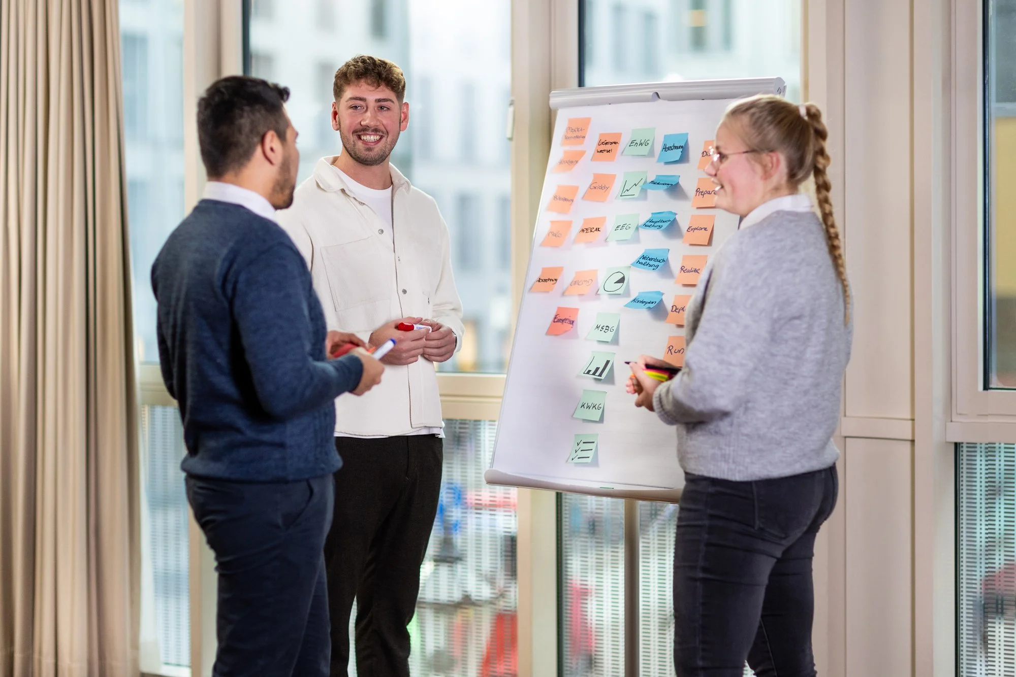 drei Leute stehen vor eine Flipchart und unterhalten sich über verschiedene Themen