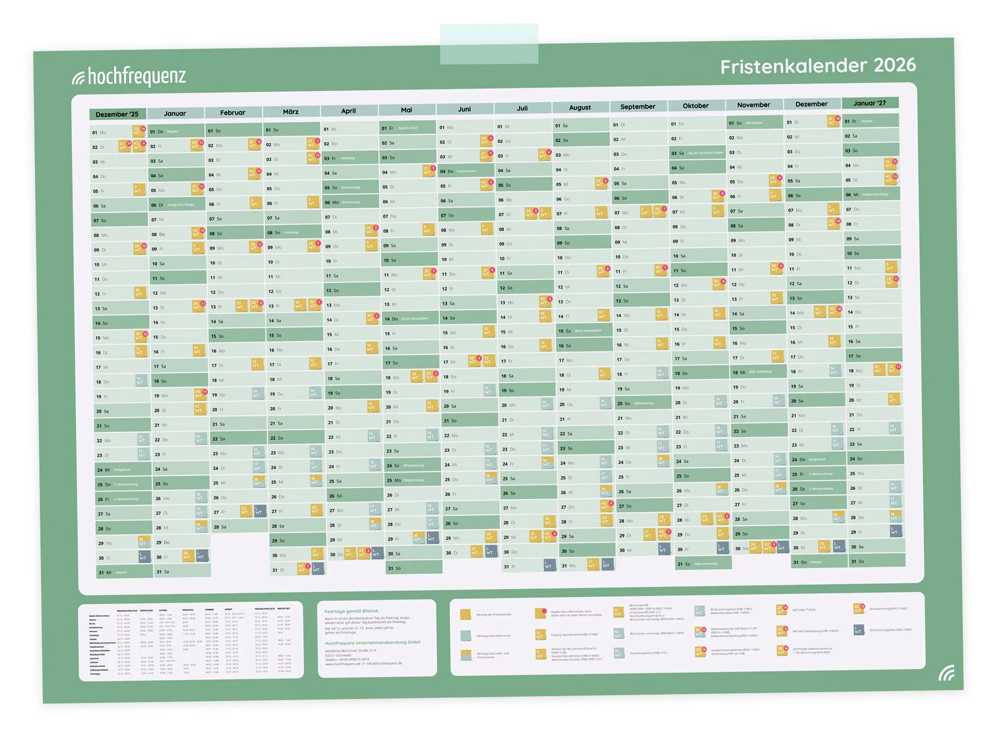 Kalender für das Jahr 2026 mit Feiertagen und wichtigen Terminen, Überschrift "Fristenkalender 2026" und Logo "hochfrequenz" oben links.