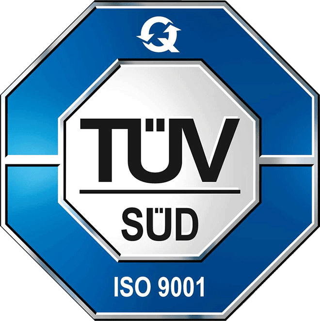 Ein TÜV-Siegel mit blauer Umrandung, das die Zertifizierung nach ISO 9001kennung gibt, sowie das Wort „Süd“ und die ISO-Nummer 9001.