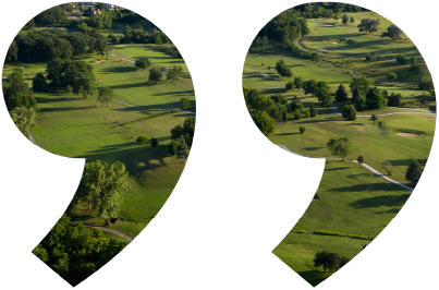 A stylized graphic of right quotation marks cutouts revealing a golf course landscape with green fairways and trees.