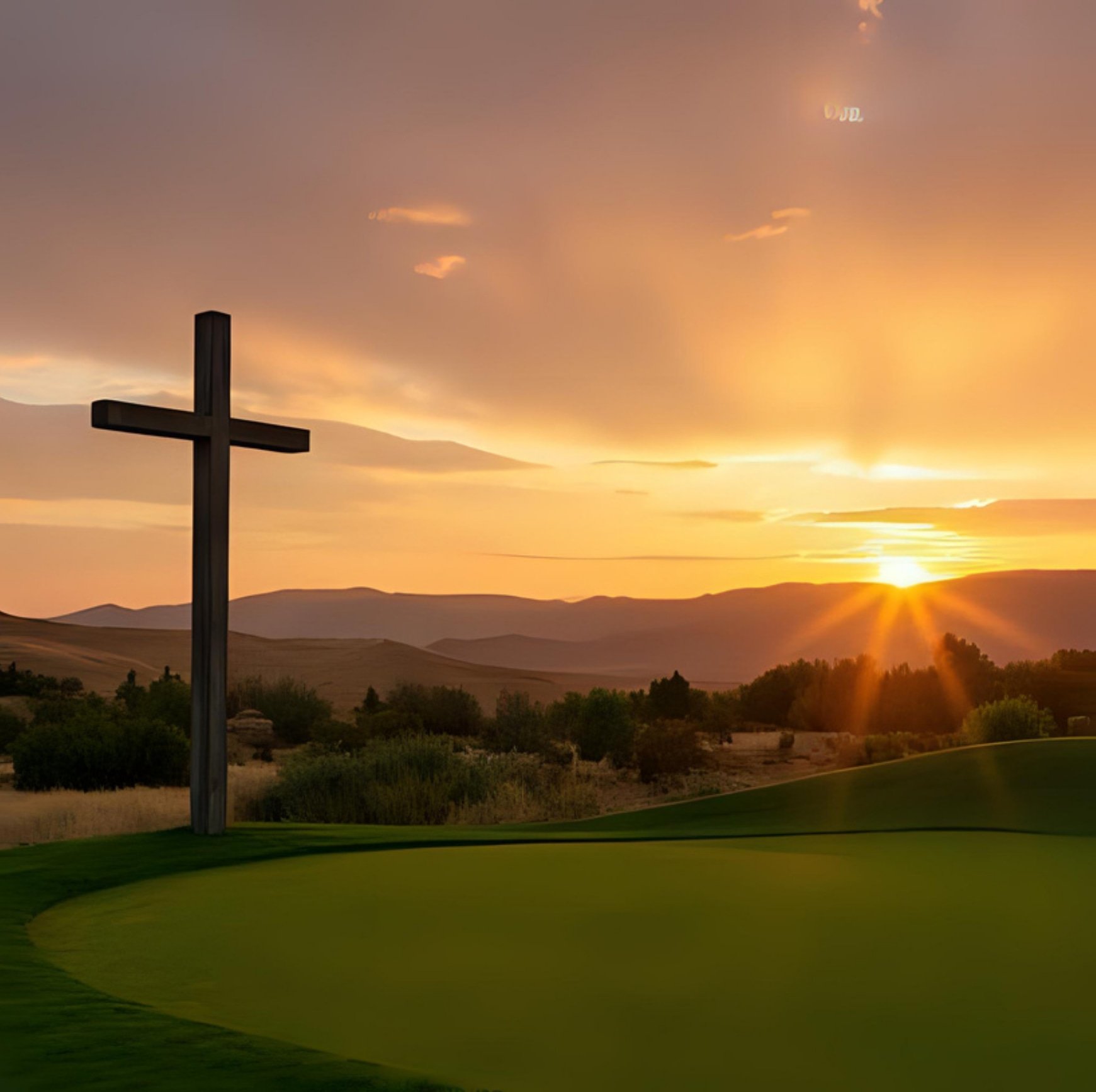 A cross on a hilltop overlooking a golf course at sunset, with hills in the distance and an orange-pink sky.