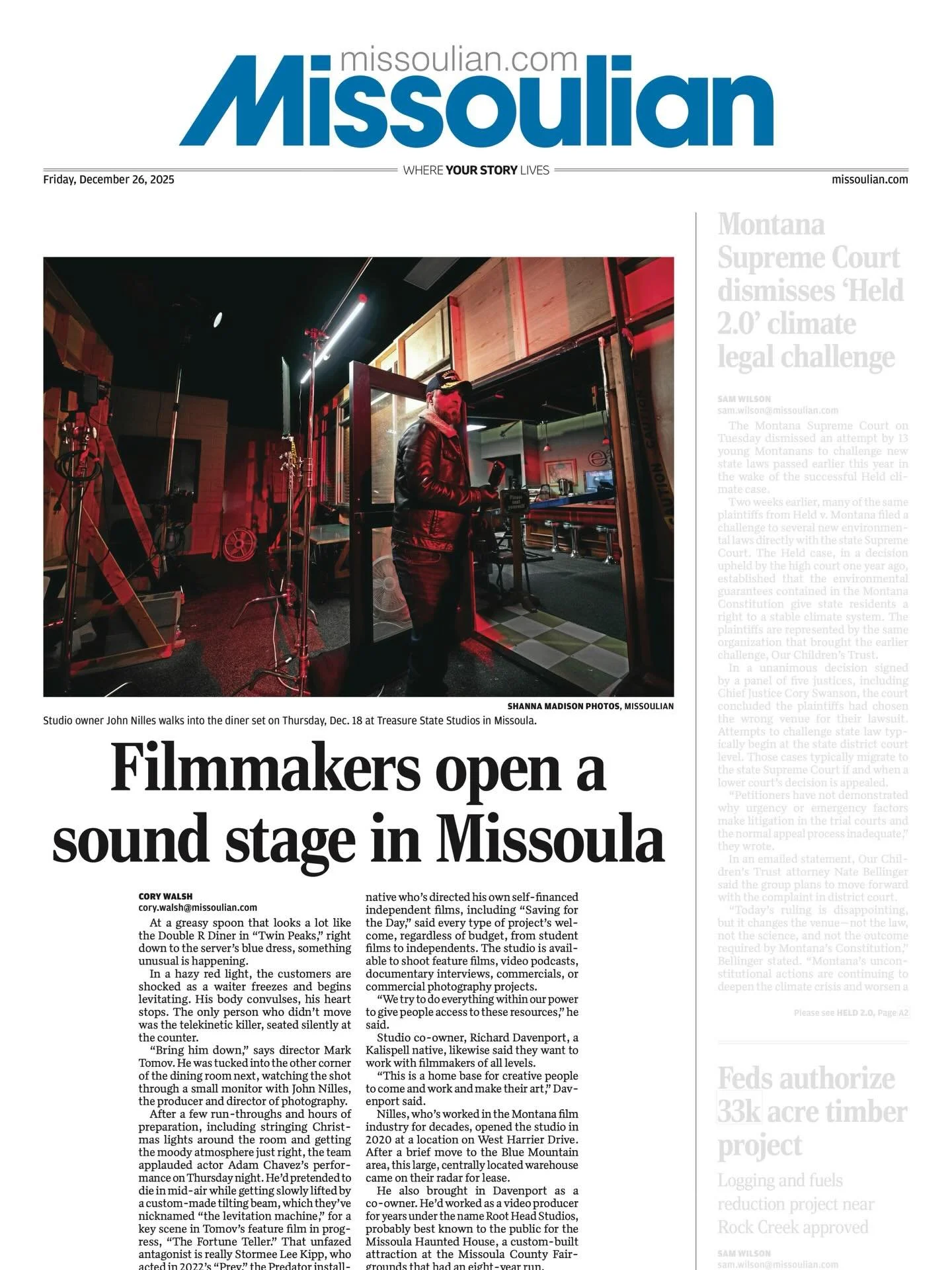 FILMMAKERS OPEN A SOUND STAGE IN MISSOULA TO PRODUCE MOVIES

&ldquo;&hellip;The diner, with old-school booths and vintage decorations, is a custom-built set inside Treasure State Studios, a Montana-owned production company that moved into the former 