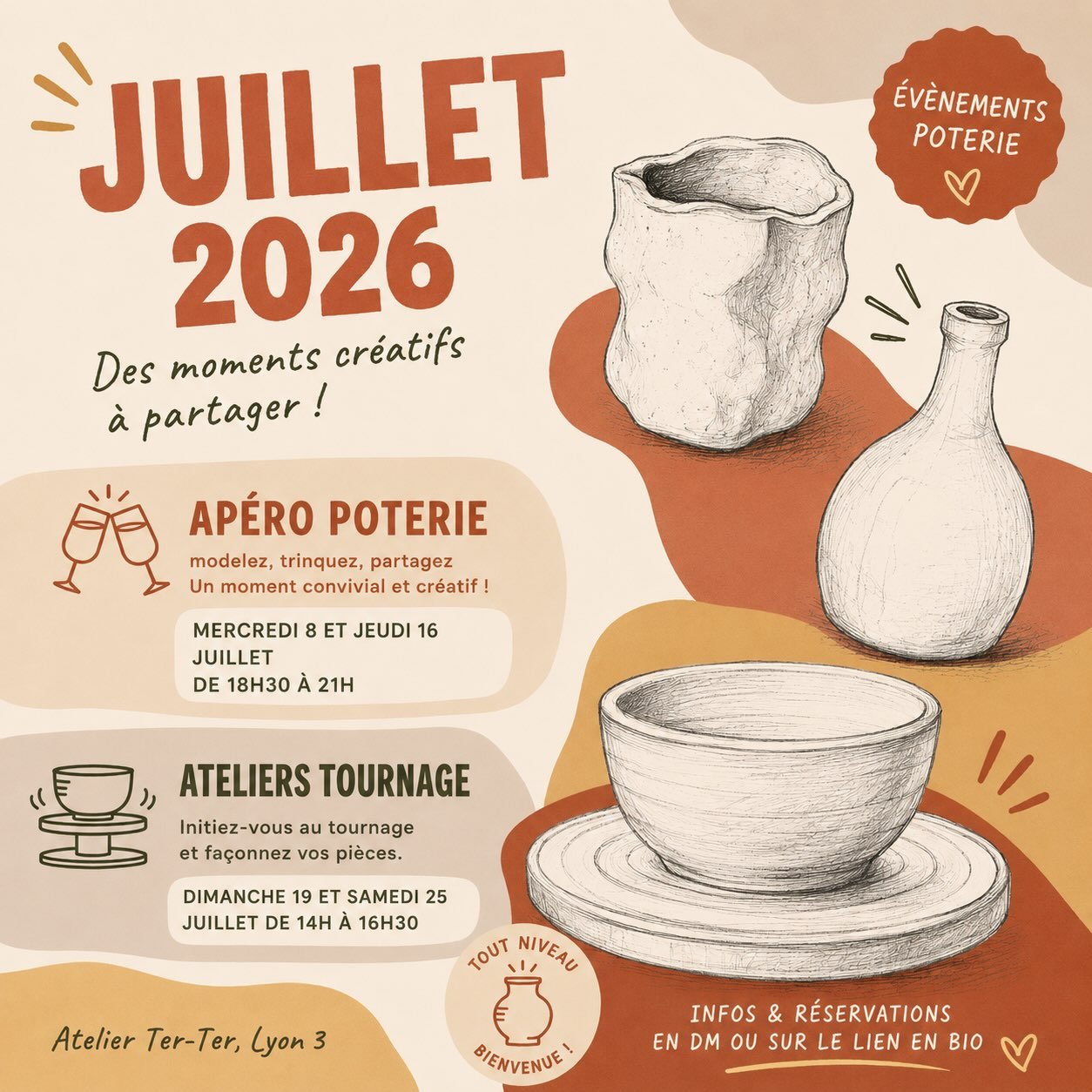 Prochaines dates d&rsquo;ateliers au Ter-Ter 🏺
Ap&eacute;ro-poterie et ateliers tournage pour cr&eacute;er, s&rsquo;&eacute;vader et partager !! 

💌 Infos et r&eacute;servations sur notre site Internet en bio

&Agrave; bient&ocirc;t au Ter-Ter ☀️
