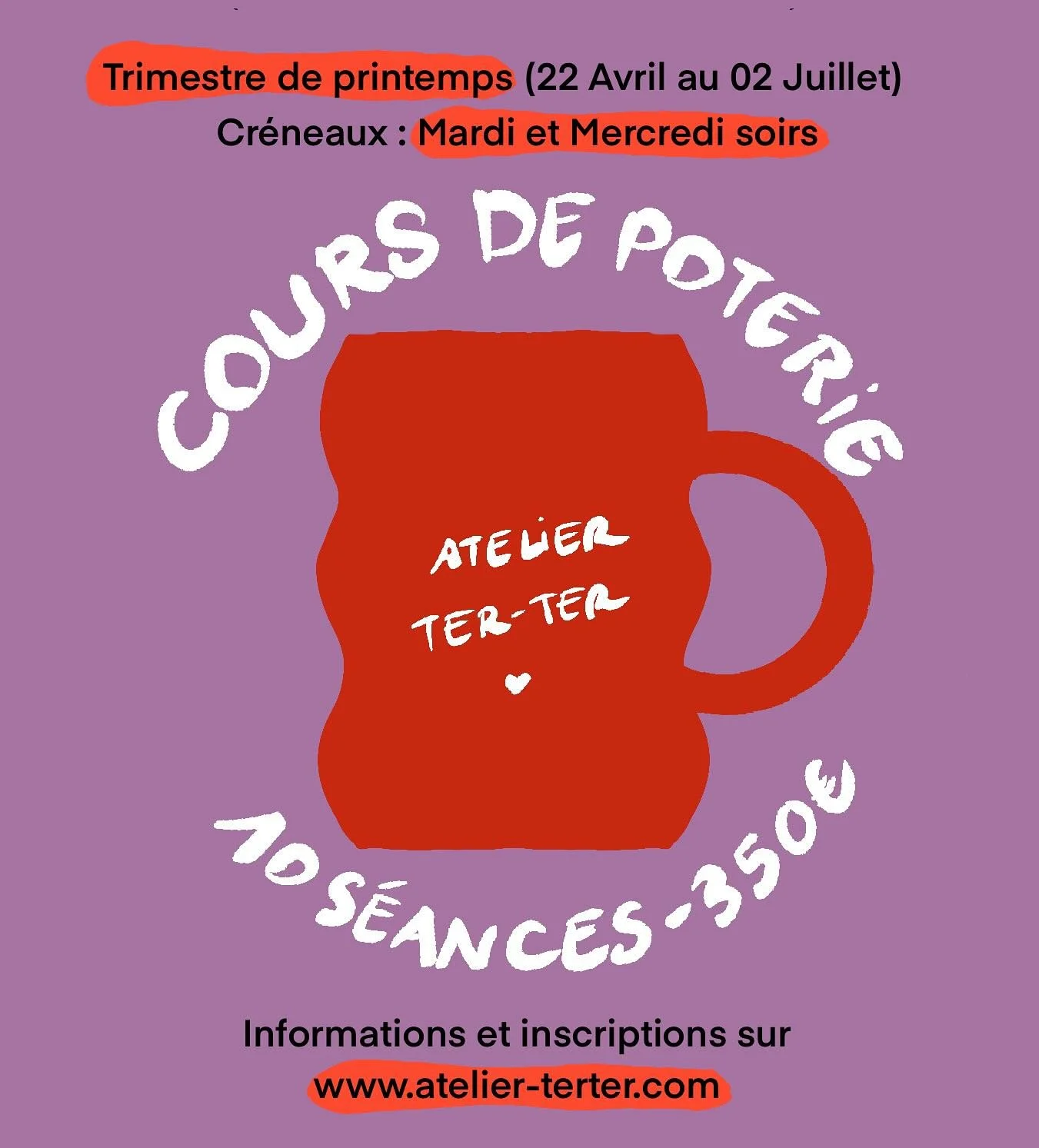 TRIMESTRE DE PRINTEMPS (22 avril au 2 juillet): INSCRIPTIONS OUVERTES 🙌🔥

Cr&eacute;neaux disponibles : mardi soir / mercredi soir

Vous trouverez toutes les infos sur notre site, ainsi que les formulaires d&rsquo;inscription ✌️
www.atelier-terter.