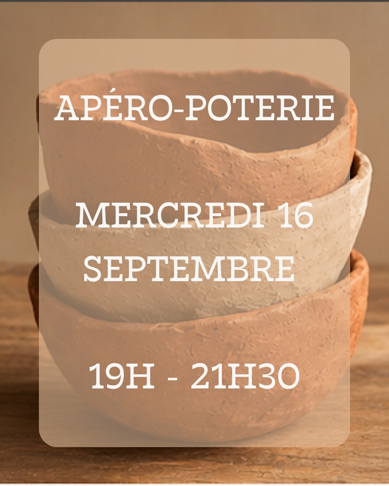 Il reste des places pour l&rsquo;ap&eacute;ro-poterie de mercredi 16 septembre. 
Cr&eacute;ez vos pi&egrave;ces en modelage. 

Des ateliers pour apprendre, cr&eacute;er et partager !

Infos et r&eacute;servations sur notre site internet (lien en bio)