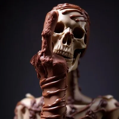 Skeleton covered in chocolate holding up a chocolate covered middle finger