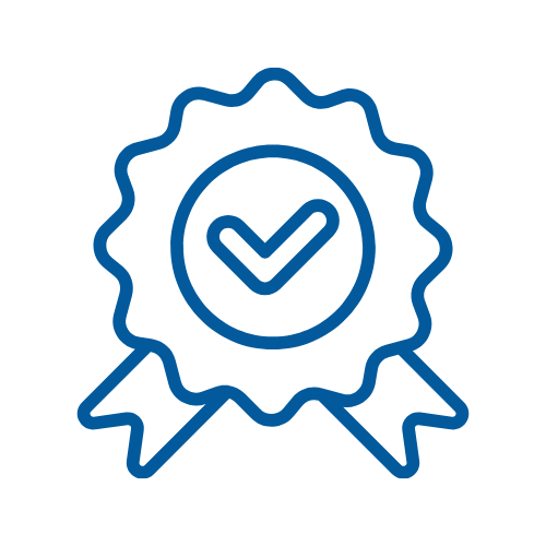 An icon of a badge or ribbon with a checkmark inside, symbolizing quality or certification.