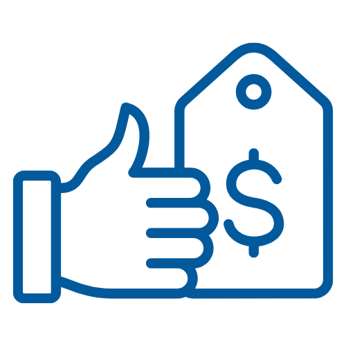 Line drawing of a hand giving a thumbs up next to a price tag with a dollar sign.