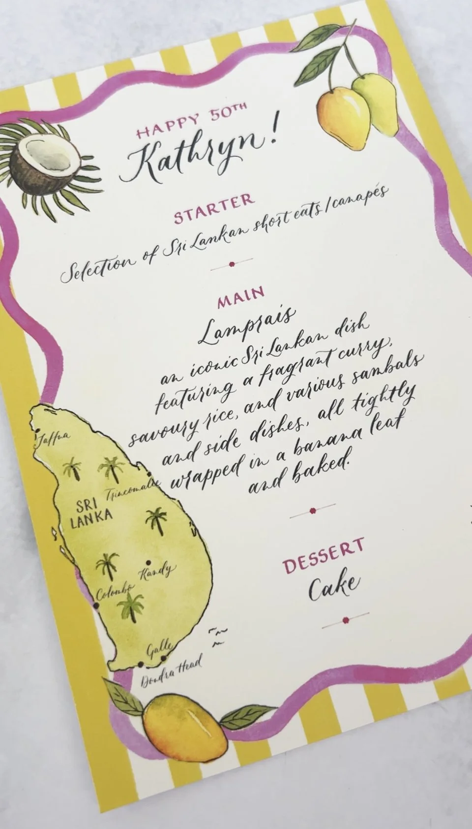 Hand illustrated menu with modern calligraphy for a birthday party