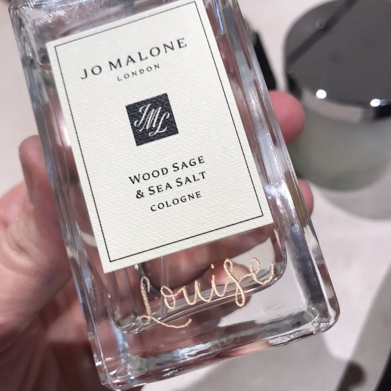 Personalised Jo Malone Wood Sage and Sea Salt bottle with hand engraved name