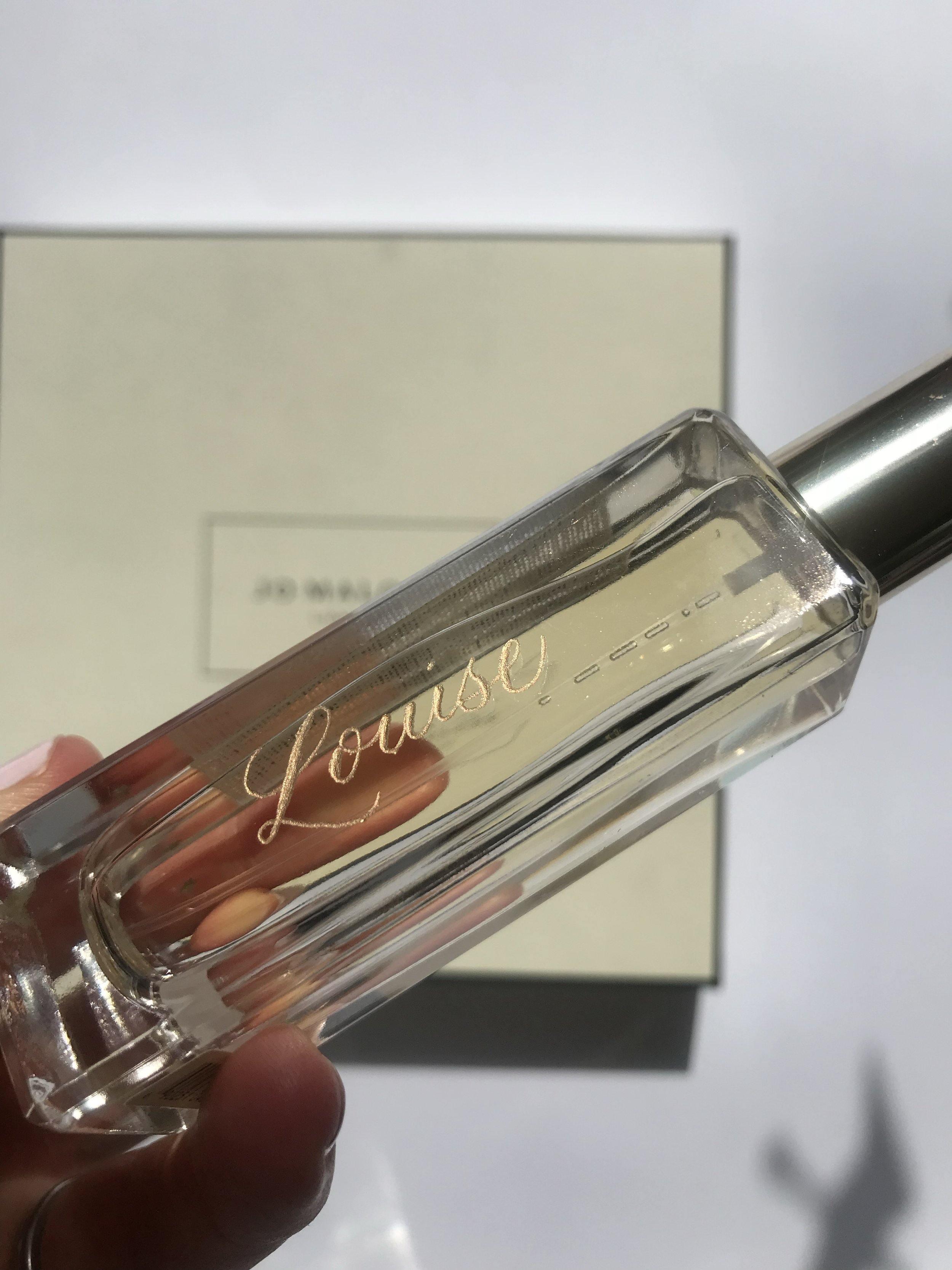 Hand-engraved perfume bottle for a Jo Malone brand activation event. 