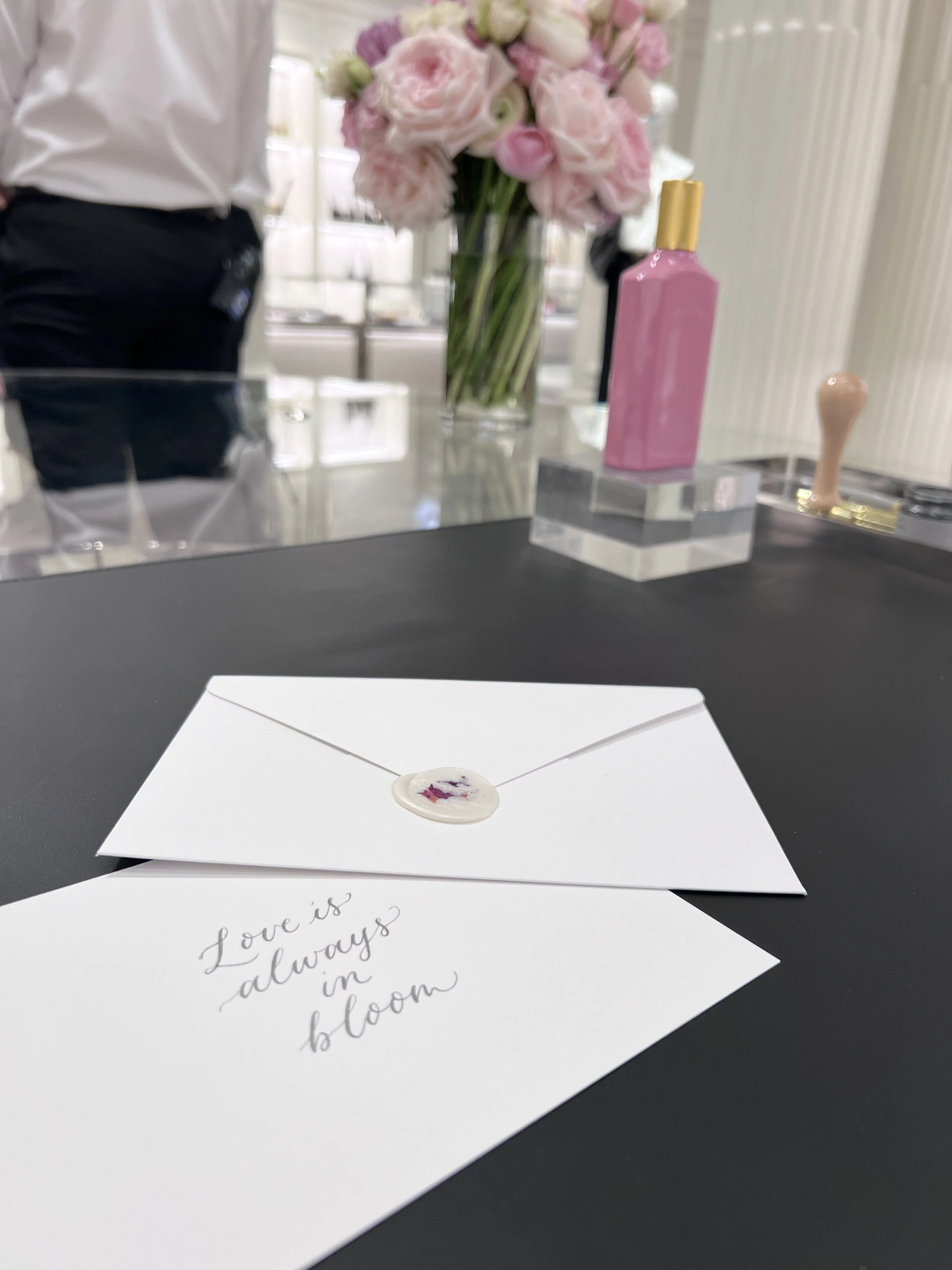 Calligraphy written on note cards for a Valentine's brand activation event at Gucci New Bond Street