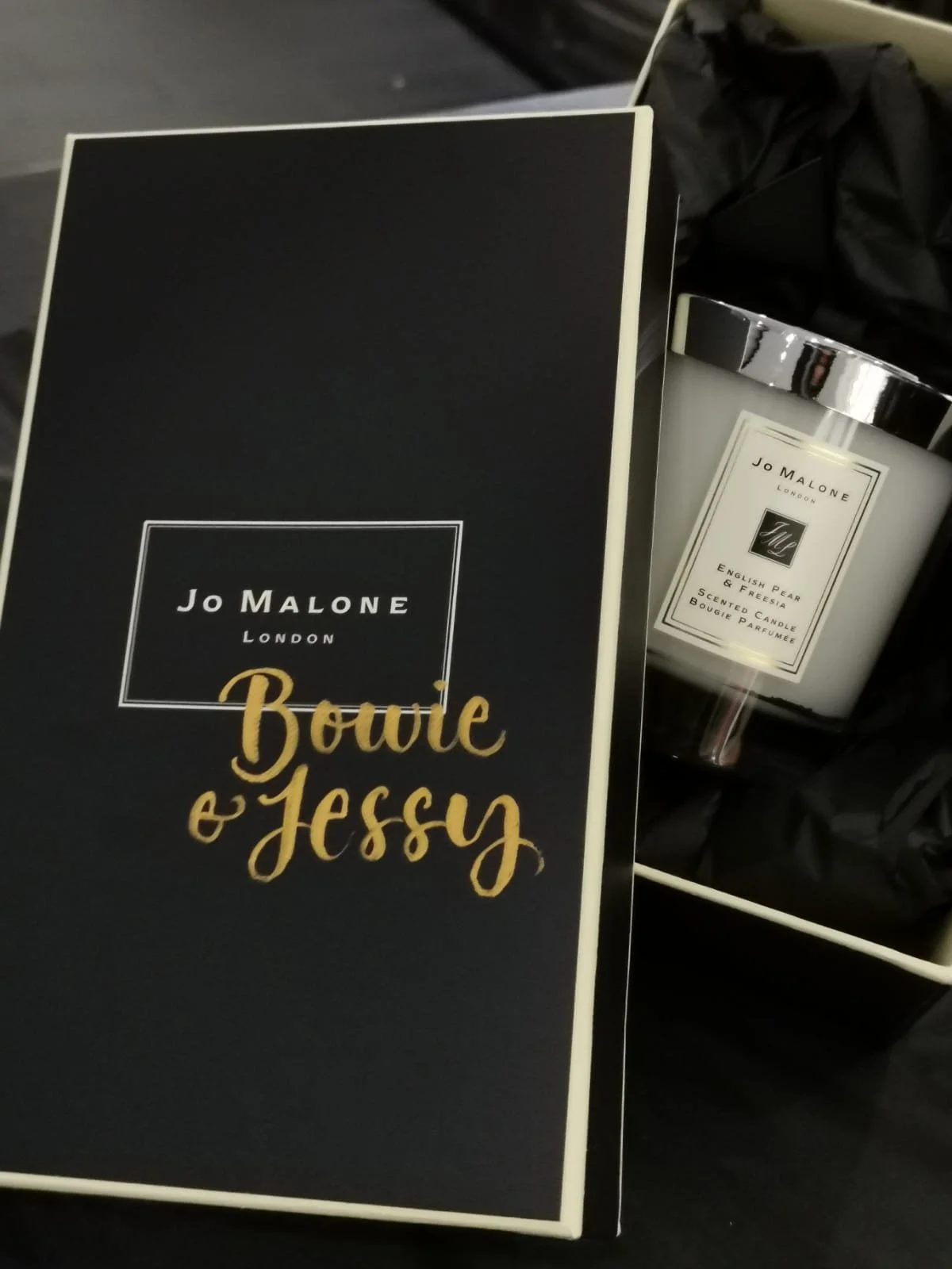 Modern calligraphy on Jo Malone product packaging for a brand activation event