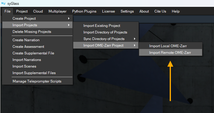 The location of the options for direct reading and streaming of OME-Zarr files in the syGlass UI, marked with a gold arrow.