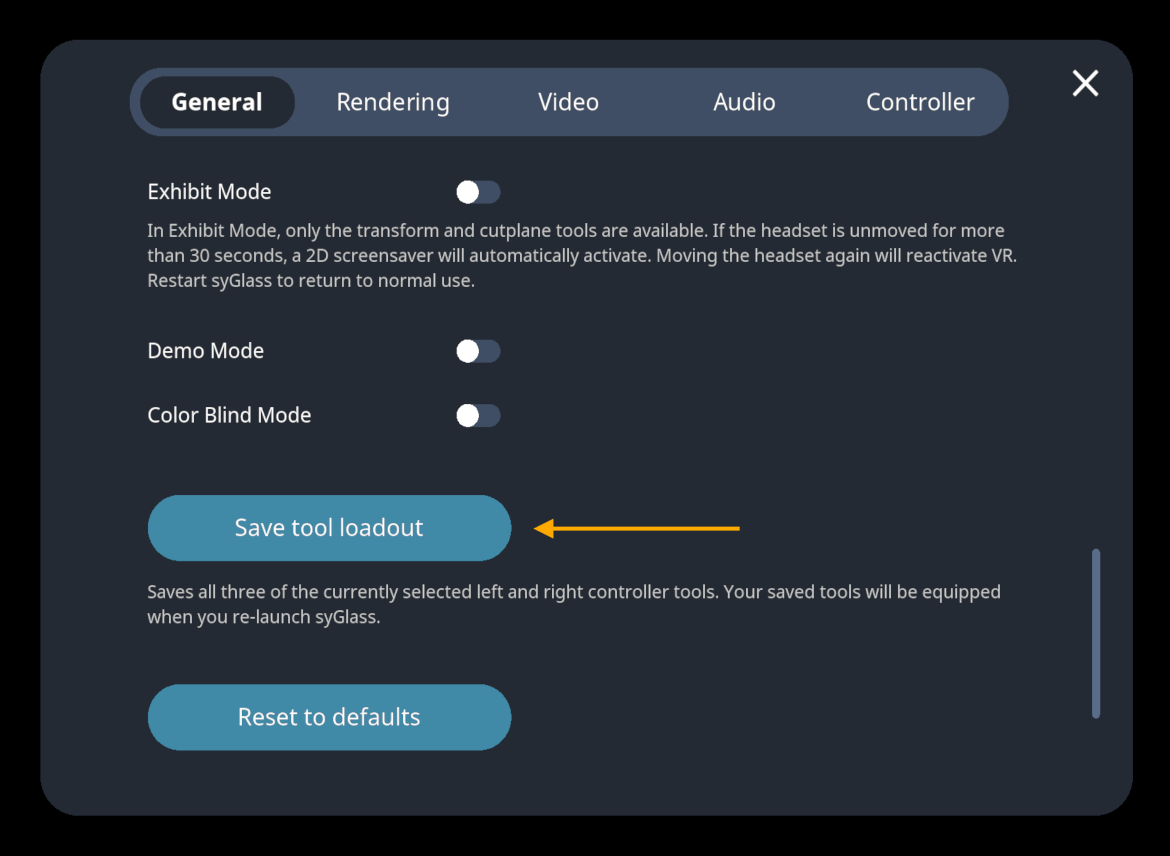 The location of the “Save tool loadout” option within the “General” tab of the in-VR settings menu, marked with a gold arrow.