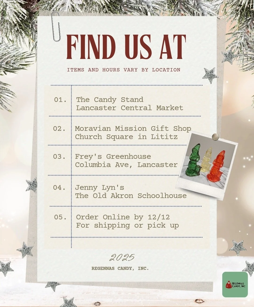 🔍Looking for clear toy candy on your local shopping trip??

Each location stocks a unique selection of items.

📦 For a full selection of items check us out on our website -- just be sure to order by 12/12 for delivery by Christmas.