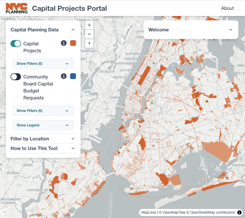 Screenshot of an application featuring a map of New York City, with capital projects.