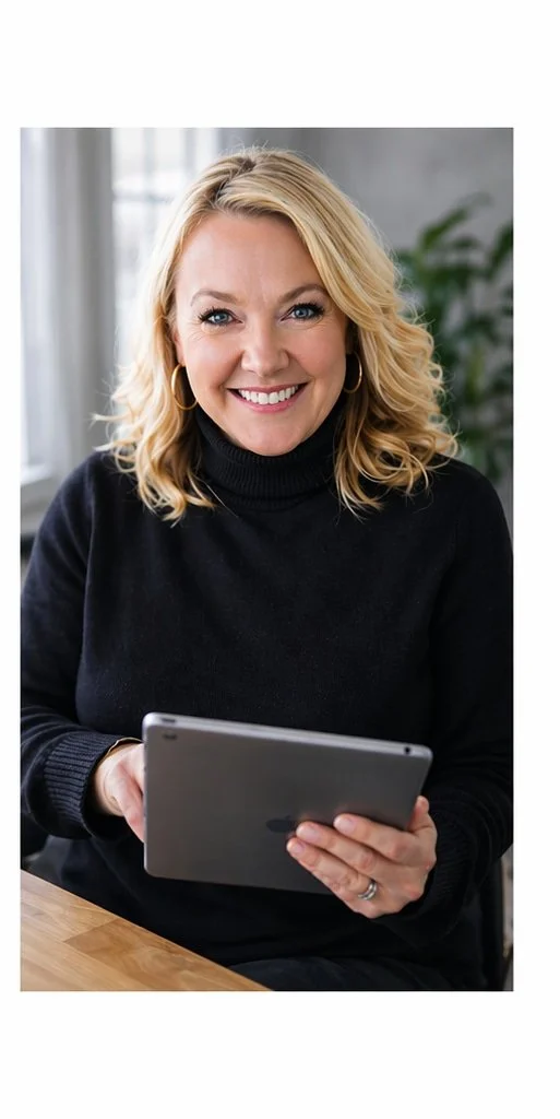 Smiling woman with blonde hair in a black sweater holds a tablet while sitting at a wooden table indoors.
