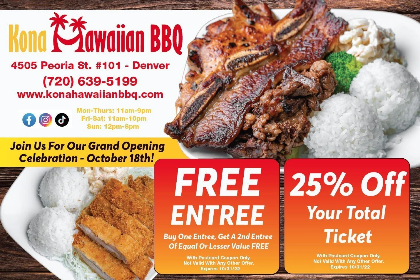 A promotional flyer for Kona Hawaiian BBQ