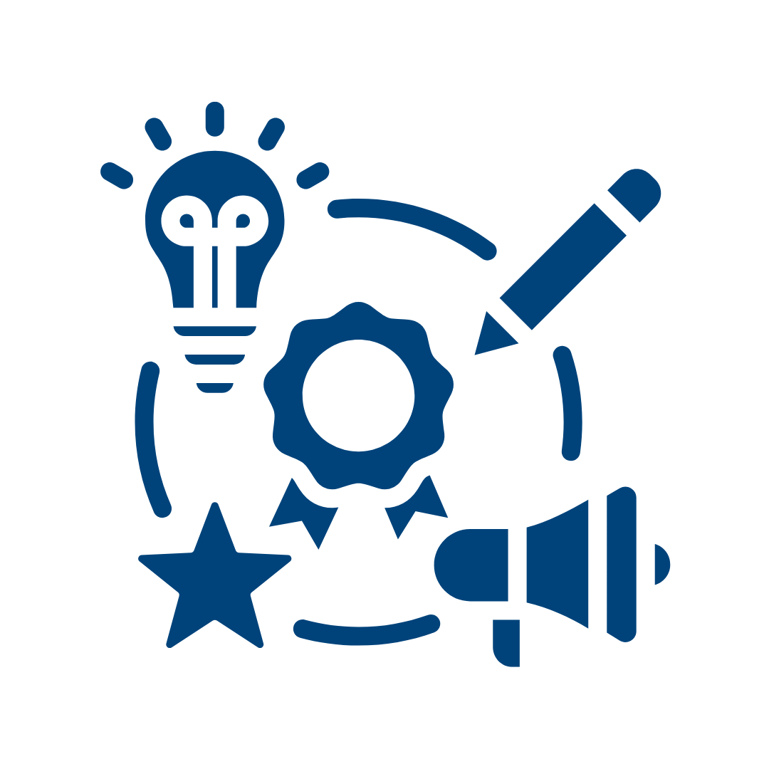 Icon with a lightbulb, gear, pencil, star, and megaphone, representing ideas