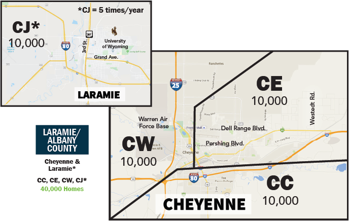 Map of Laramie/Albany County, Cheyenne, and surrounding areas in Wyoming showing 10,000 population zones, with key roads and landmarks including University of Wyoming and Warren Air Force Base; indicates five companies (CJ, CW, CE, CC, and a symbol for CJ) each serving 10,000 people, with CJ serving 5 times per year and a total of 40,000 homes in the service area.