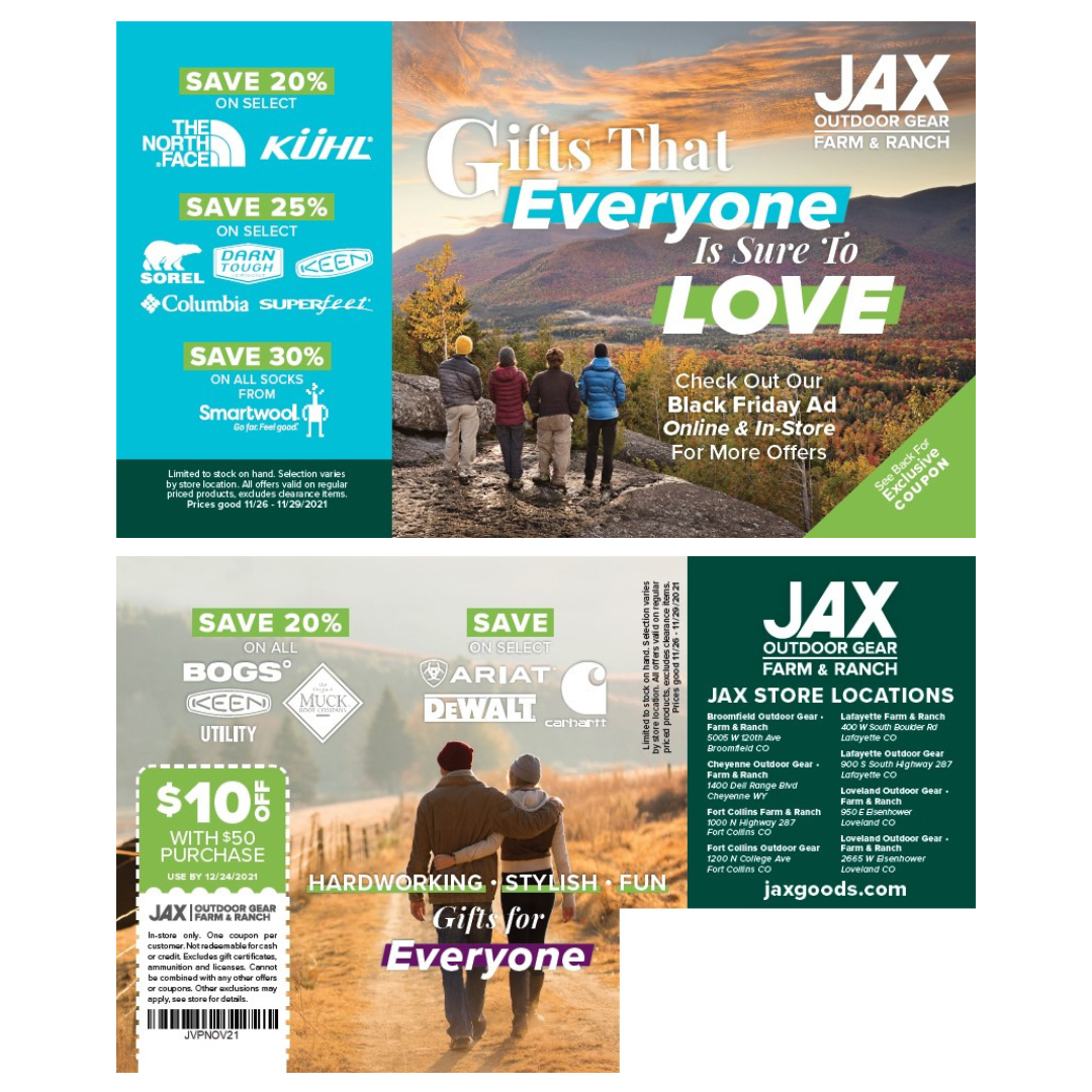 Two store flyers advertising outdoor gear and clothing holiday sales with discounts and savings for Black Friday