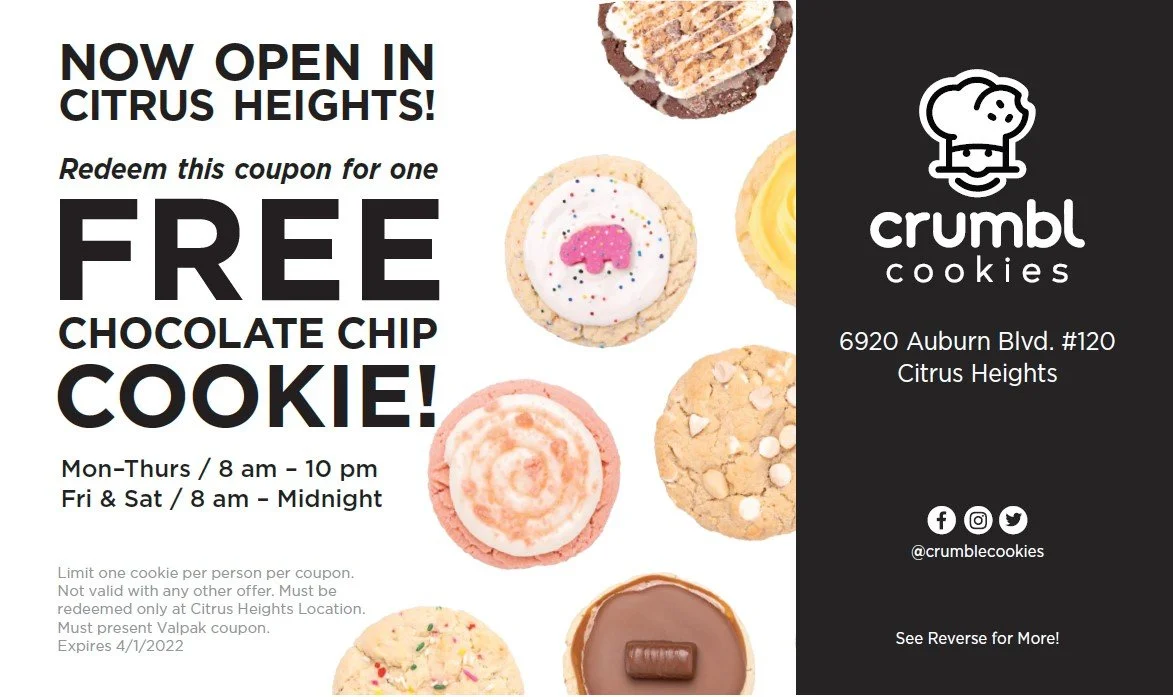 Coupon for free chocolate chip cookies at Crumble Cookies