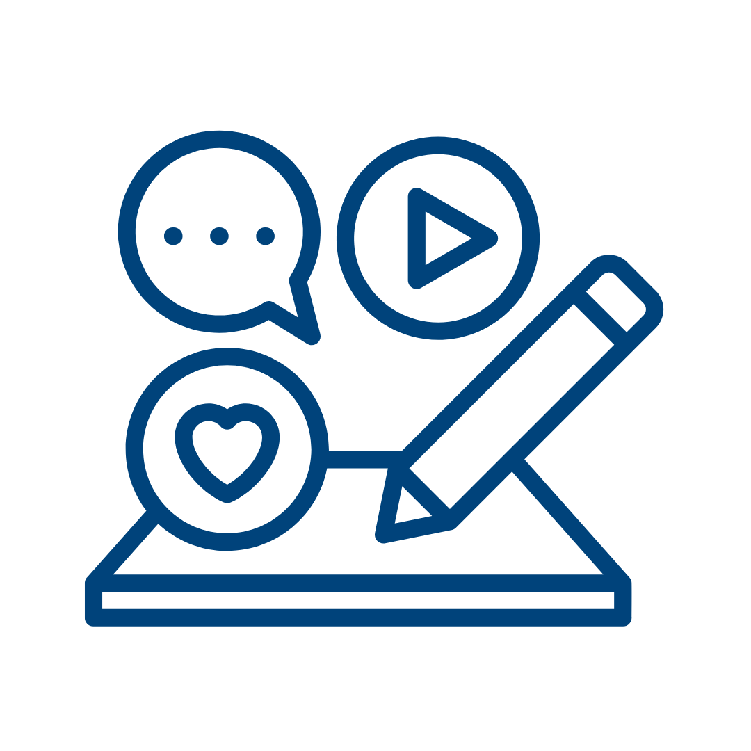 Outline icon of a tablet with a stylus, surrounded by speech bubbles,